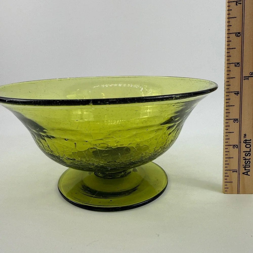 Blenko 931 Chartreuse Green Crackle Glass Footed Bowl Mid Century Modern MCM